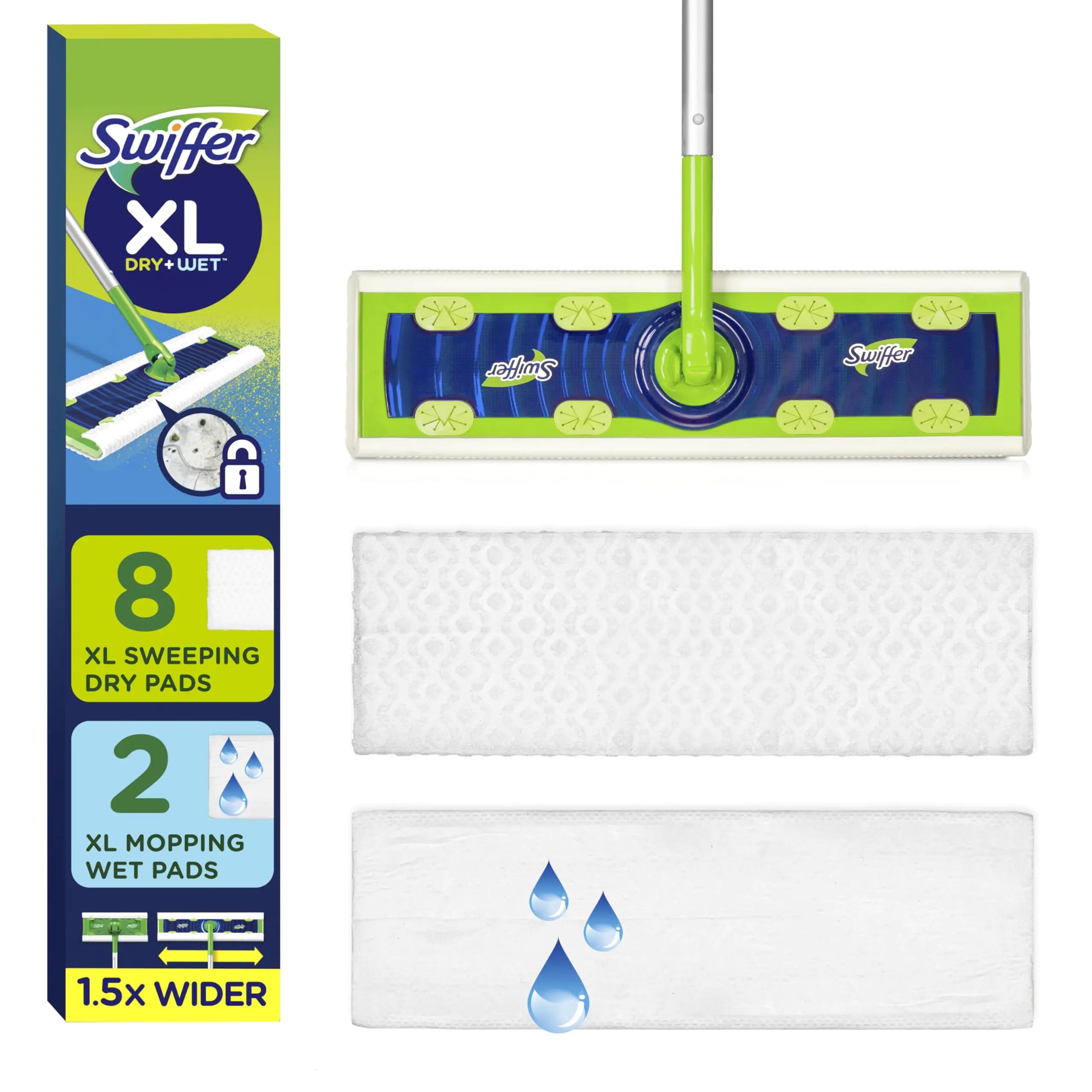 Swiffer Sweep + Mop XL Broom & Mop Alternative Floor Cleaner for Dirt Dust Hair All Purpose Cleaning Tool for Home Bathroom Kitchen Set Includes 1 XL Sweeper 8 XL Dry Pads 2 XL Wet Pads Fresh